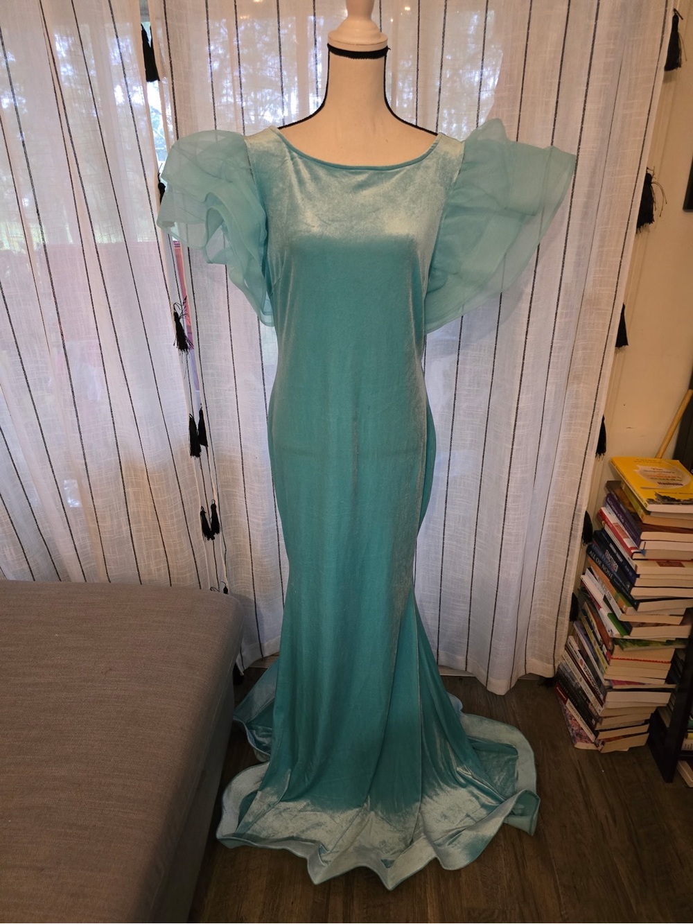 Teal Maxi Dress with Sheer Puff Sleeves